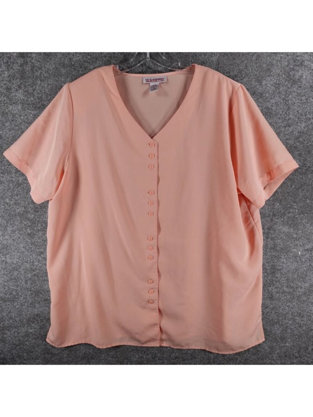 Silhouettes Button-Front Blouse Top Womens 2X Peach V-Neck Regular Short Sleeve